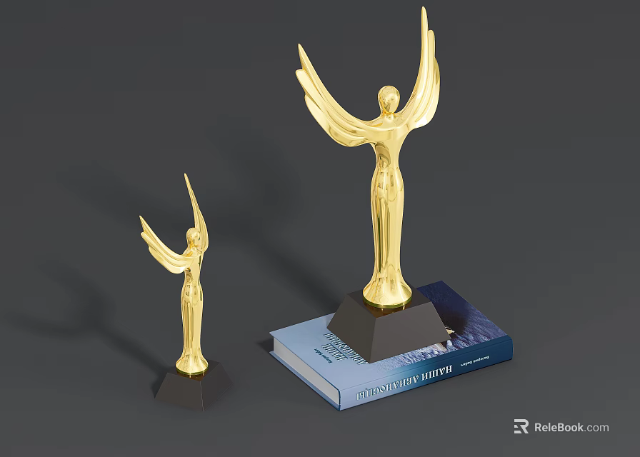 Golden Winged Human Shaped Trophies In Different Sizes On Blue Cover Book With Black Base 3d model 