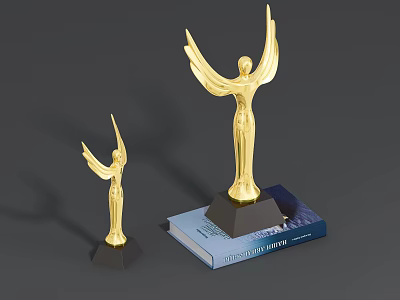 Golden Winged Human Shaped Trophies In Different Sizes On Blue Cover Book With Black Base 3d model