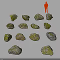 Mossy Green Stone Arrangement With Orange Human Figure On White Background