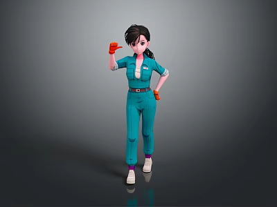 Woman wearing blue overalls and orange gloves gesturing with right hand standing on gray surface 3d model
