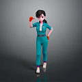 Woman wearing blue overalls and orange gloves gesturing with right hand standing on gray surface