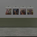 Four Diverse Portrait Paintings Hanging On Wall With Spotlights And White Background