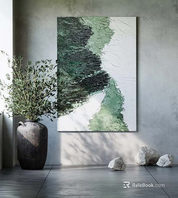 Green And White Abstract Painting With Olive Plant In Vase And Stones On Gray Wall 3d model 