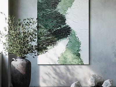 Green And White Abstract Painting With Olive Plant In Vase And Stones On Gray Wall 3d model