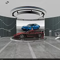 4S Luxury Car Showroom Displaying Red Sports Car On Circular Stand And Blue Vehicle Screen