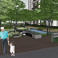 Serene Residential Landscape Featuring Lush Trees Green Lawn Wooden Deck Benches And People Walking