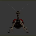 3D Mantis Model With Red Body Blue Head Long Legs And Antennae On Dark Background