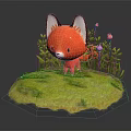 Cute Red Fox Character Standing On Green Grass With Pink Flowers And Plants