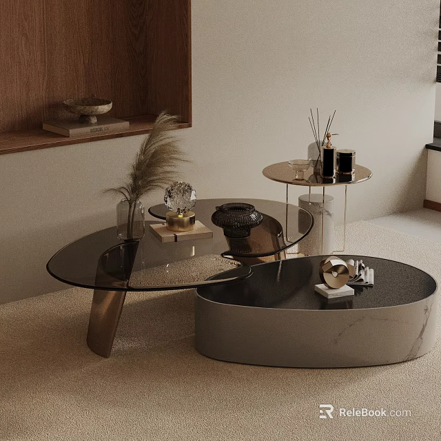 Modern Sofa Coffee Table Set With Glass Top Metal Legs And Marble Decorative Items 3d model 