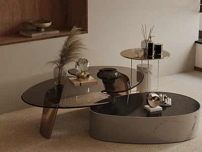 Modern Sofa Coffee Table Set With Glass Top Metal Legs And Marble Decorative Items 3d model
