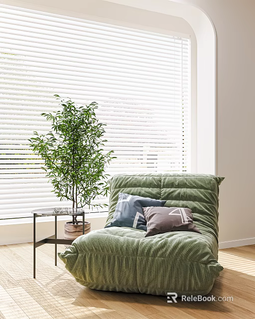 Green Lazy Sofa with Cozy Pillows Green Plant and Small Side Table by Window Blinds 3d model 