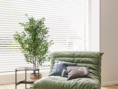 Green Lazy Sofa with Cozy Pillows Green Plant and Small Side Table by Window Blinds 3d model