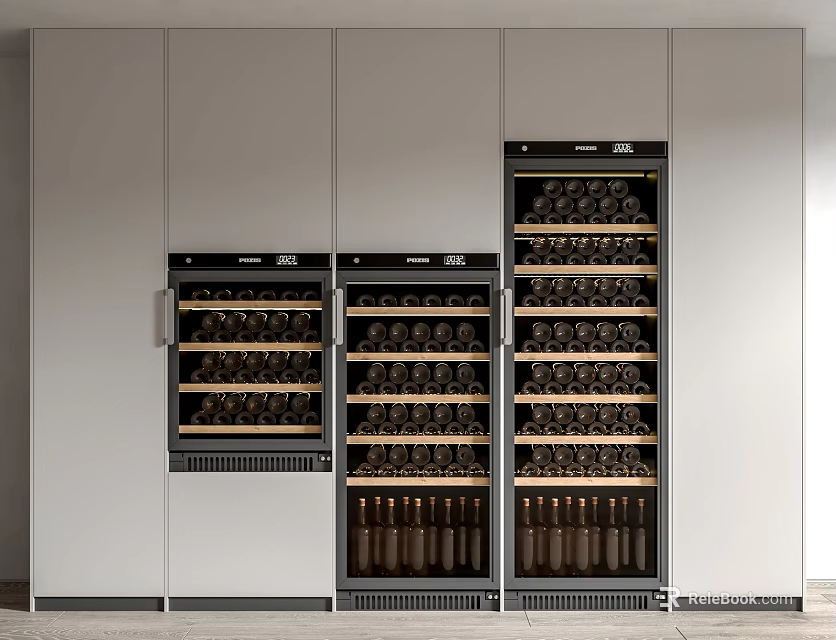 Modern Interior Built In Wine Cooler With Multiple Wooden Shelves And Glass Doors 3d model 
