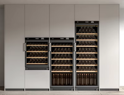 Modern Interior Built In Wine Cooler With Multiple Wooden Shelves And Glass Doors 3d model