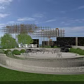 Garden Landscape Design With Circular Fountain Lush Lawn Metal Pergola And Water Features