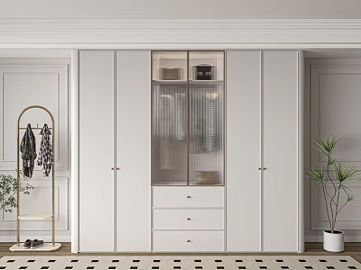 Modern White Built-in Wardrobe With Glass Front Drawers And Minimalist Design 3d model