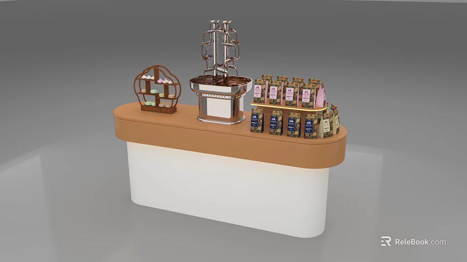 Brown And White Display Counter With Sailboat Model Round Stand And Bottled Products 3d model 
