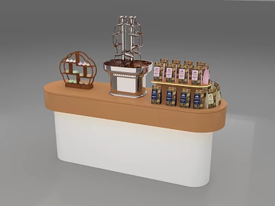 Brown And White Display Counter With Sailboat Model Round Stand And Bottled Products 3d model
