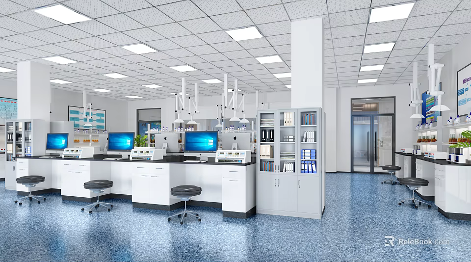 Modern Laboratory Setup with Workstations Computers Stools and Storage Cabinets 3d model 