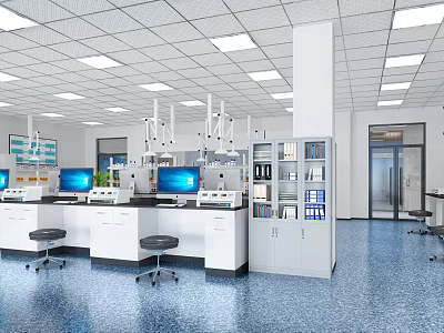 Modern Laboratory Setup with Workstations Computers Stools and Storage Cabinets 3d model