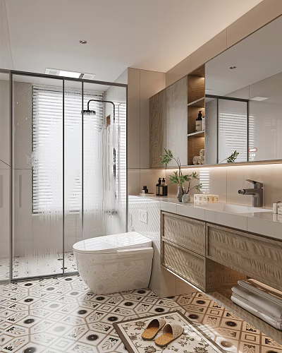 Modern Bathroom Interior With Glass Shower Enclosure Window Blinds Wooden Vanity And Mirror 3d model