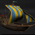 Wooden Sailboat Model With Blue And Yellow Striped Sails Detailed Hull And Deck