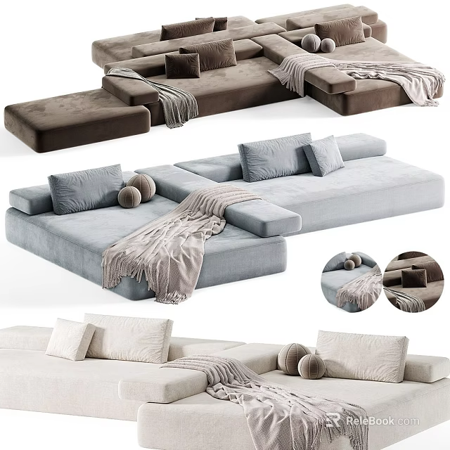 Modern Sofa Set With Soft Pillows Cozy Blanket And Neutral Tones 3d model 