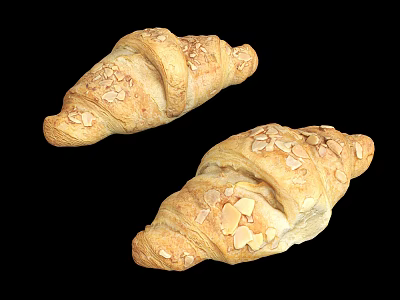 Fresh Baked Croissants Topped With Golden Almond Slices On Black Background 3d model