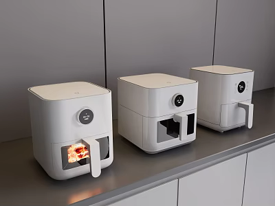 Three White Kitchen Appliances Placed on Sleek Countertop with Gray Cabinet Background 3d model