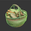 Assorted Fresh Vegetables in Woven Basket with Pink Blue Trim Carrots Sweet Potatoes Radishes