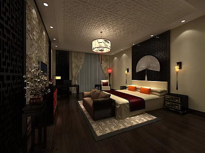 Elegant Chinese Style Clubhouse Bedroom With Chandelier Decorative Screen And Wooden Furniture 3d model