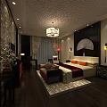Elegant Chinese Style Clubhouse Bedroom With Chandelier Decorative Screen And Wooden Furniture
