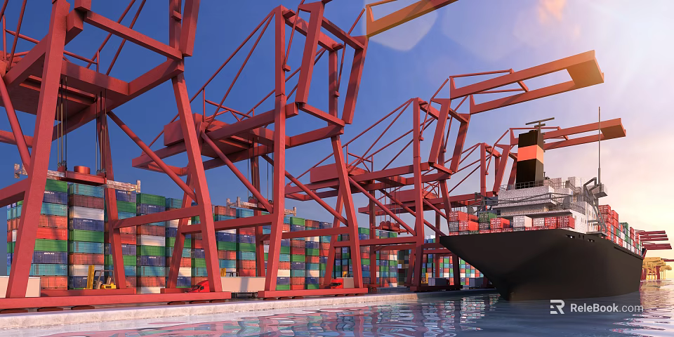 Scenic Industrial Waterfront View with Red Cranes Colorful Containers and Blue Sky Over Water 3d model 