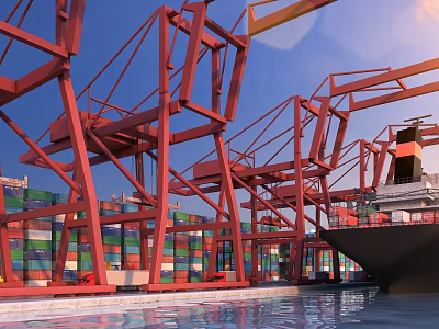 Scenic Industrial Waterfront View with Red Cranes Colorful Containers and Blue Sky Over Water 3d model