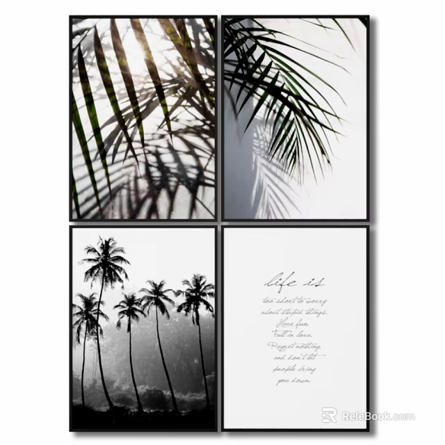 Botanical Plant Paintings Featuring Palm Leaves Light Shadow And Text Elements 3d model 