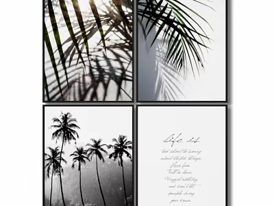 Botanical Plant Paintings Featuring Palm Leaves Light Shadow And Text Elements 3d model