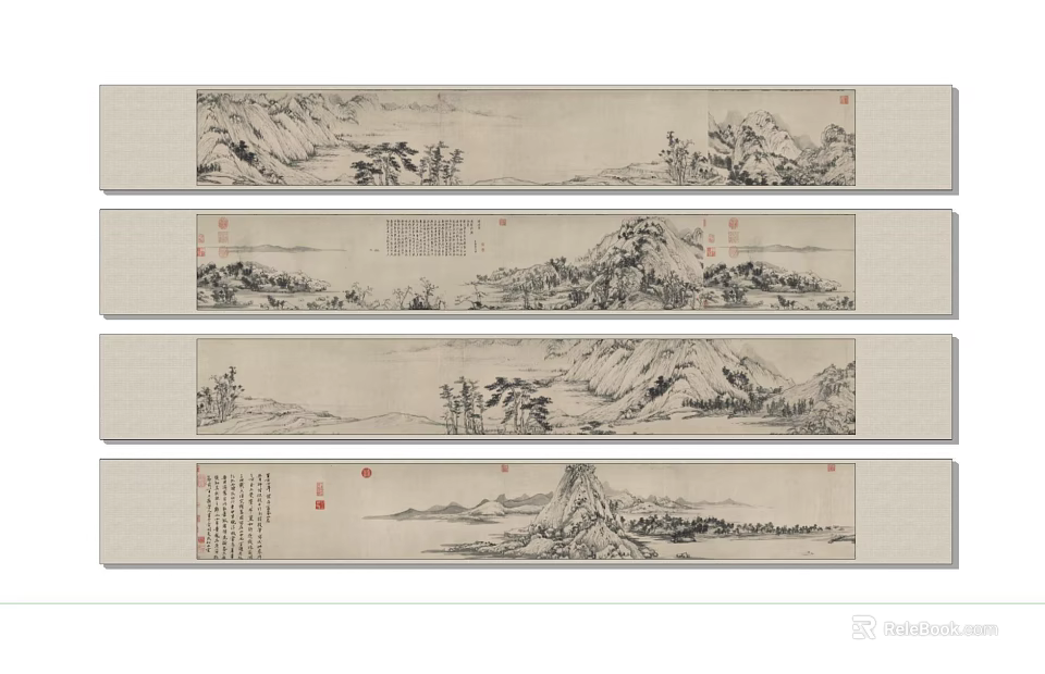 Traditional Chinese Classical Landscape Painting With Mountains Trees And Calligraphy Scroll Art 3d model 