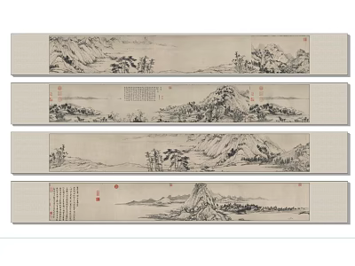 Traditional Chinese Classical Landscape Painting With Mountains Trees And Calligraphy Scroll Art 3d model