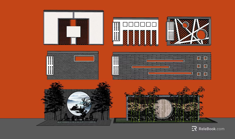 Scenic Wall Design Collection Featuring Circular Openings Brick Patterns Geometric Shapes And Greenery 3d model 