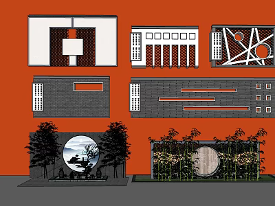 Scenic Wall Design Collection Featuring Circular Openings Brick Patterns Geometric Shapes And Greenery 3d model