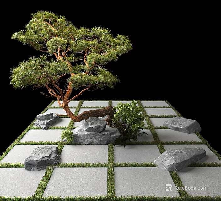 Pine Tree Growing on Square Grid Ground with Stones and Small Shrubs 3d model 