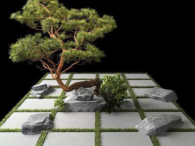 Pine Tree Growing on Square Grid Ground with Stones and Small Shrubs 3d model