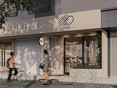 Jewelry Store Front Design With Heart Logo Light Colored Exterior Glass Windows And Green Plants 3d model