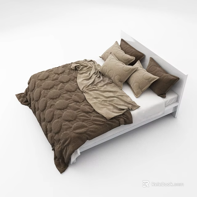 Double Bed With White Headboard Brown Quilt Beige Blanket And Brown Pillows 3d model 