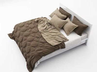 Double Bed With White Headboard Brown Quilt Beige Blanket And Brown Pillows 3d model
