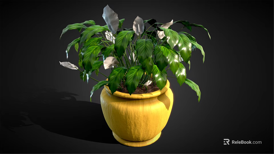 Lush Indoor Plant With Green And Silver Leaves In Yellow Pot 3d model 