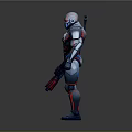 Futuristic Cybernetic Armor Character With Blue Red Glowing Lines Spider Skull Chest Emblem And Weapon