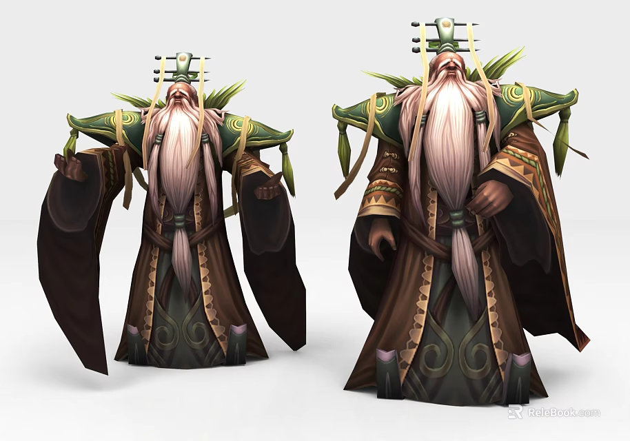 Fantasy Game Movie Character Two Poses With Long Beard Green Headdress And Brown Robes 3d model 