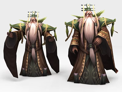 Fantasy Game Movie Character Two Poses With Long Beard Green Headdress And Brown Robes 3d model