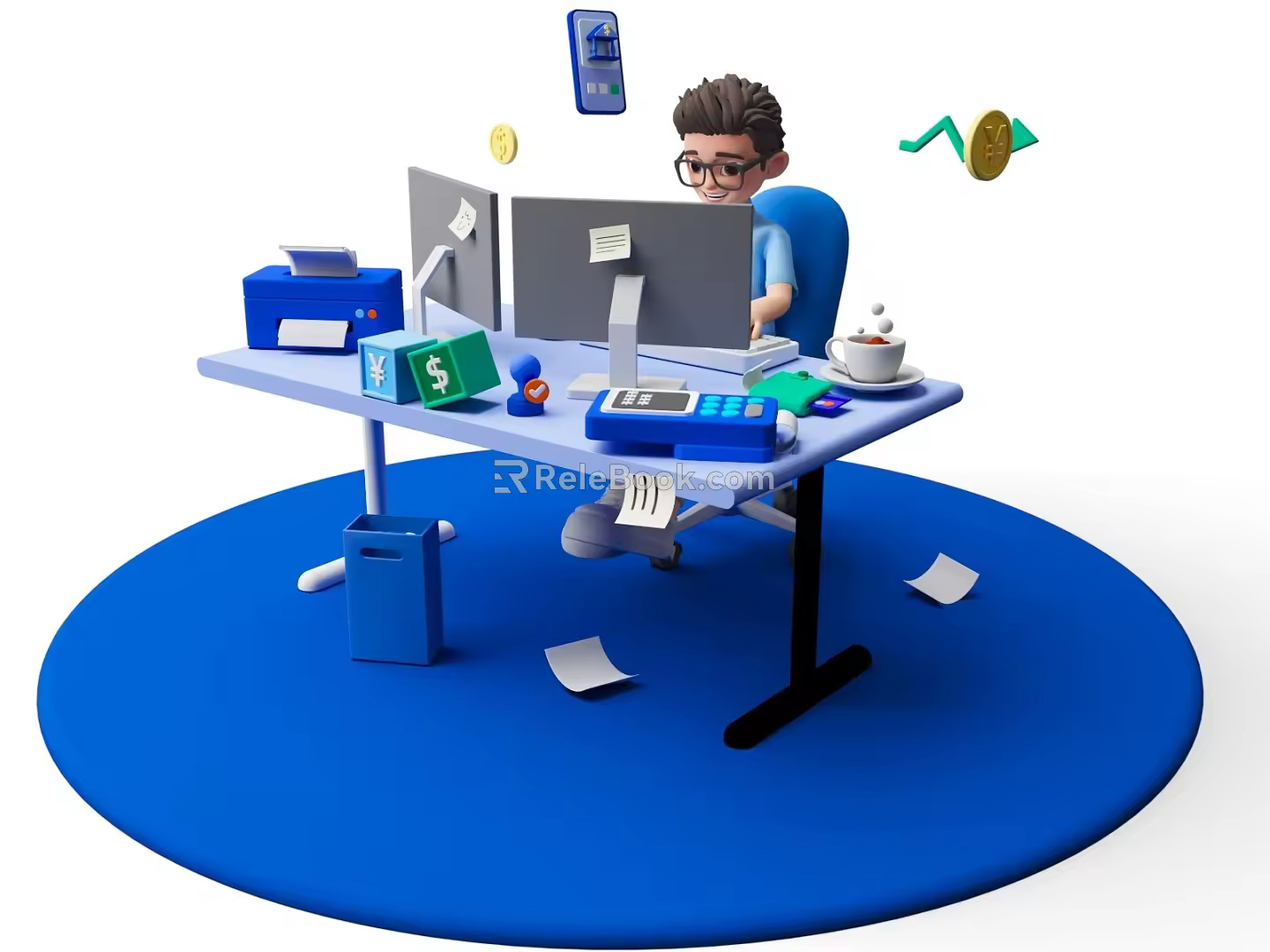 Young Men Go to Work Cartoon Characters Office Computer Work Scenes Computer Office White Collar Work Theme 3d model